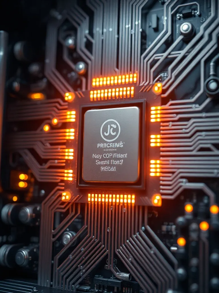 Close-up of high-tech computer processor unit with glowing c